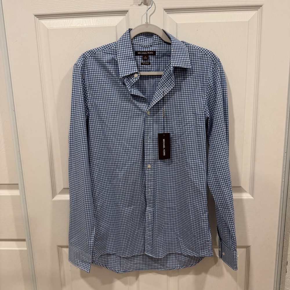 Michael Kors Mens Small Blue Gingham Trim Stretch Button Down Shirt CF74CHR3AW